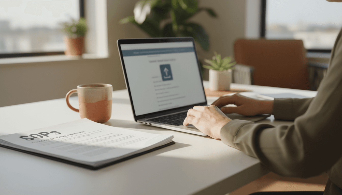 Property manager uploading training documents to a laptop on a desk