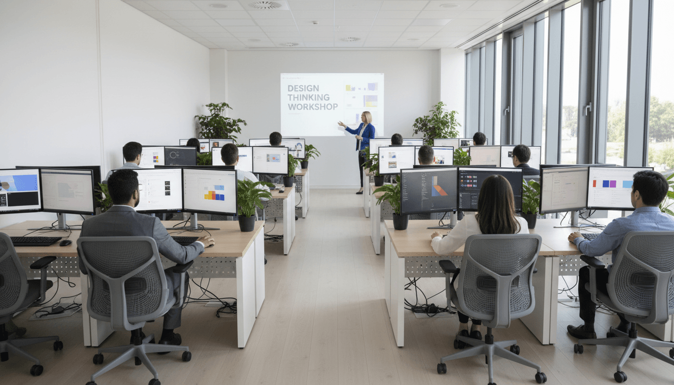 Property manager reviewing an AI-generated training course on a laptop in a bright office