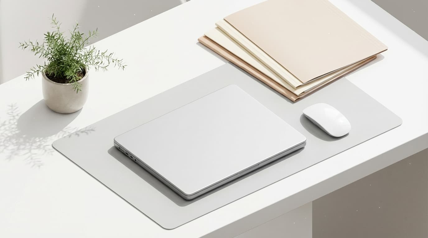 Property manager reviewing documents next to a laptop in a bright office