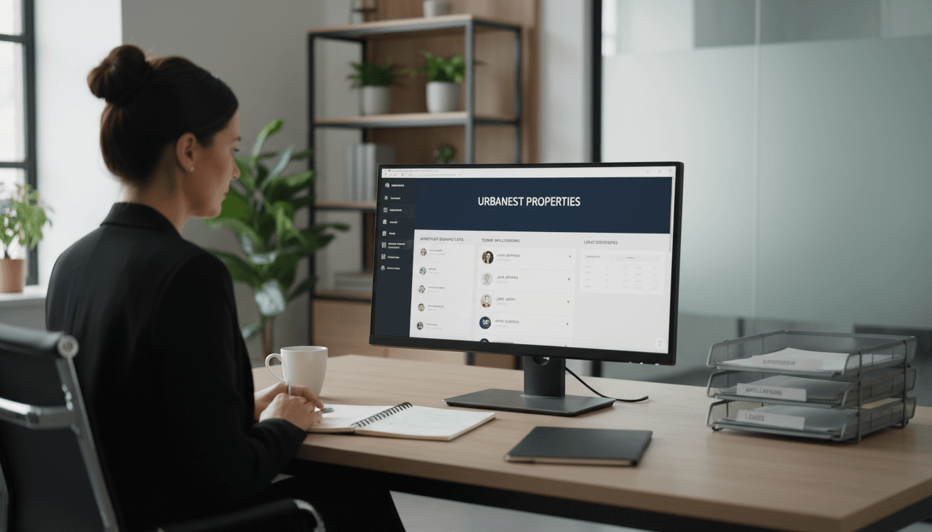 Property manager uploading documents to a laptop in a bright office